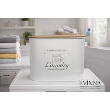 Evinna Bölmeli Metal Kapaklı Ölçekli Toz Deterjanlık, Laundry Baskılı Beyaz Çamaşır Detarjanlığı