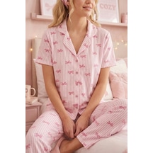 Pembe Kurdele Desenli Bürümçük Kumaş Kısa Kollu Pijama Takımı 6064