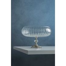 Elta Collection Lotus Kristal 24 Cm Kesme Dekor Metal Ayaklı Salata Kasesi Cam Sunumluk- Servis Tabağı gümüş