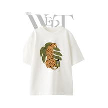 Thewert Cheetah Tasarım Baskılı Ünisex Beyaz Oversize T-shirt