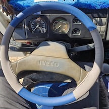 Dikişli Direksiyon Kılıfı Mavi / Gri Deri Siyah Dikişli Iveco Kamyon 2000 Kasa İçin Siyah