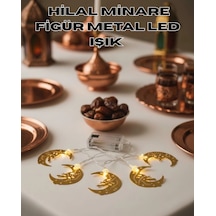 Minareli Hilal Led Işık Gold Metal Gövdeli Pilli Ramazan Dekoru Çok Renkli