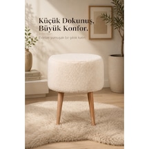 Pufly Peluş Çok Amaçlı Dekoratif Puf Koltuk Dekoratif Puf Ayaklı Krem Puf Krem 35 Cm Ahşap Ayaklı Yuvarlak Puf