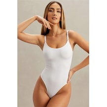 Kadın Dikişsiz Örgü Askılı Beyaz Full Body