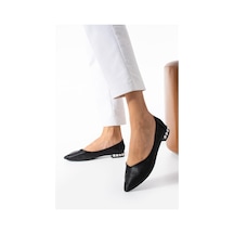 Kadın Siyah Topuk Taş Detaylı Babet Siyah Çizgili