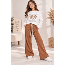 Uğur Bebe Kız Çocuk %100 Pamuk Mevsimlik Eşofman Takımı Kahverengi Geniş Paça Şık Kombin, Bağcıklı Rahat Kesim, Ekru Renk Sweatshirtlü Günlük Spor Takım, Trend Model Ekru Kahverengi Ekru Kahverengi