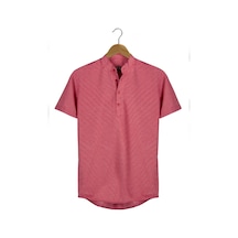 Erkek Koyu Kırmızı Hakim Yaka Yarım Patlı Ekoseli Kısa Kollu Slim Fit Gömlek Koyu Kırmızı