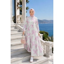 Hb Harma Time Butik Kadın Düğmeli Modal Desenl Pembe Elbise Ekru Ekru