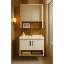 Legna 80 Cm Beyaz & Ahşap Banyo Dolabı Takımı Seramik Lavabolu