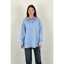 Miss Poem Kadın Polo Yaka Basic Oversize Uzun Kollu Pembe Gömlek Mavi