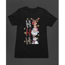Bumeta Yılbaşı Hoodie Ho Ho Ho Noel Geyik Santa Kardan Adam Baskılı Unisex Tişört T-shirt Siyah