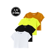 Kadın 4'lü Paket Oversize Crop Tişört %100 Pamuk Bisiklet Yaka T-shirt Beyaz
