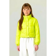 Genel Kız Çocuk Neon Yeşil Çıtçıtlı Fermuarlı Şişme Mont