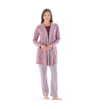 Feyza Pijama Kadın Yakası Düğmeli Çicek Desenli Jakarlı 3'lü Pijama Takımı