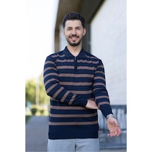 Hk Premium Kazak Fermuarlı Polo Yaka Çizgili Triko Sweatshirt Lacivert