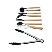 8 Parça Premium Mutfak Seti, Ahşap Saplı Ve Silikon Uçlu, Siyah, Kepçe, Spatula, Çırpıcı, Fırça, Maşa Dahil