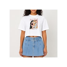 Urbantrendstore Crop Tişört Beyaz Awesome Leopar Baskılı Rahat Kesim Raw Cut Basic Kısa Tshirt