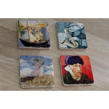 Van Gogh Claude Monet Ve Saksafon Çalan Adam Doğal Taş Bardak Altlığı 4'lü Set - Natural Stone Coasters - Taş Çok Renkli