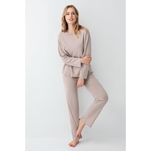 Arnetta Kadın Modal Pamuklu Bisiklet Yaka Uzun Kollu Rahat Düz Pijama Takım VİZON