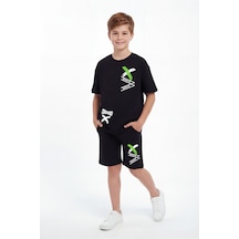 Panios Kids X White Baskı Detaylı Yuvarlak Yaka Yazlık Erkek Çocuk Alt Üst Takım Siyah