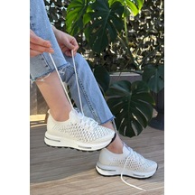 Cilla Beyaz Triko Boncuk İşlemeli Spor Ayakkabı Beyaz