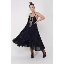 Bohem Stil Özel Tasarım Ham Keten Kadın Etnik Model Carmen Elbise -iç Astar Siyah