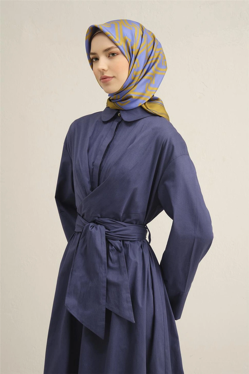 Armine Klasik Desenli Saf İpek Twill Eşarp 9343d 01 Mavi