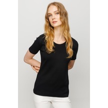 Kadın Sıfır Yaka Kısa Kol Pamuk Kaşkorse T-shirt Siyah SIYAH