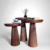 Wood Wooden 3 Lü Set Fitilli Mantar Yan Sehpa Modern Koyu Ceviz Renk Fiskos Ceviz