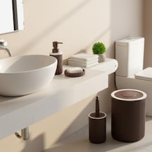 5 Li Mürdüm Rengi Banyo Seti Çöp Kovası, Sıvı Sabunluk, Diş Fırçalık, Sabunluk Ve Wc Fırçası Modern Çizgili Şık Tasarım 000 Açık Krem