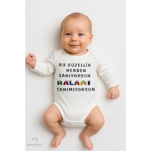 Babyden's Bu Güzellik Nereden Sanıyorsun, Halamı Tanımıyorsun Uzun Kollu Yazılı Bebek Zıbını Çıtçıtlı Body Beyaz
