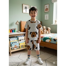 Aliş Kids Erkek Çocuk Pamuklu Gri Sevimli Köpek Desenli Kısa Kollu Şortlu Yazlık Pijama Takımı