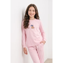 Zuzunga Kız Çocuk Bej Rengi Süprem %100 Pamuk Kedi Baskılı Pijama Takımı Toz Pembe