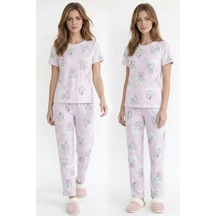 Kompedan Kadın Bisiklet Yaka Yumuşak Dokulu Ayıcık Desenli Kısa Kol Pijama Takım Pembe 70132-4680