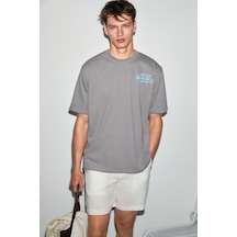 Grımelange Farıd Erkek %100 Organik Pamuklu Baskı Detaylı Yuvarlak Yaka Regular Fit Gri T-shirt