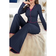 Bella Notte Lacivert Yumuşak Pamuklu Fiyonk Detaylı Uzun Pijama Takımı