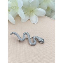 Kyver Yılan Model Full Zirkon Taşlı Broş Silver