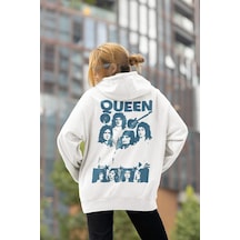 Sevbano Queen Baskılı Unisex Oversize Müzik Grubu Rock Metal Hoodie Beyaz
