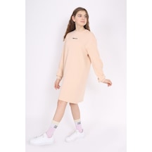 Kız Çocuk Baskılı Oversize Bisiklet Yaka Uzun Kollu Elbise - Bej