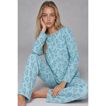 Kadın Desenli Uzun Kollu Mint Yeşili Pijama Takımı 4760