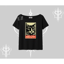 Tarzsokak Meow Yazılı Kedi Portre Baskılı Kayık Yaka Tshirt Siyah