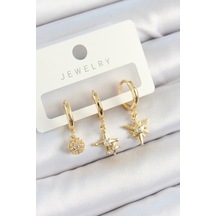 Pirinç Zirkon Taşlı Yıldız Model Gold Renk 3& 39lü Çift Kadın Küpe Set Altın 91293081