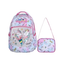 İlkokul Okul Sırt Çantası Kız Erkek Unisex Beslenme Çantalı Ortopedik 2li Set At Model Unicorn Beyaz