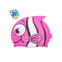 Kulak Koruma Küçük Balık Desenli Dalış Şapkası Çocuk Silikon Yüzme Şapkası D Pembe