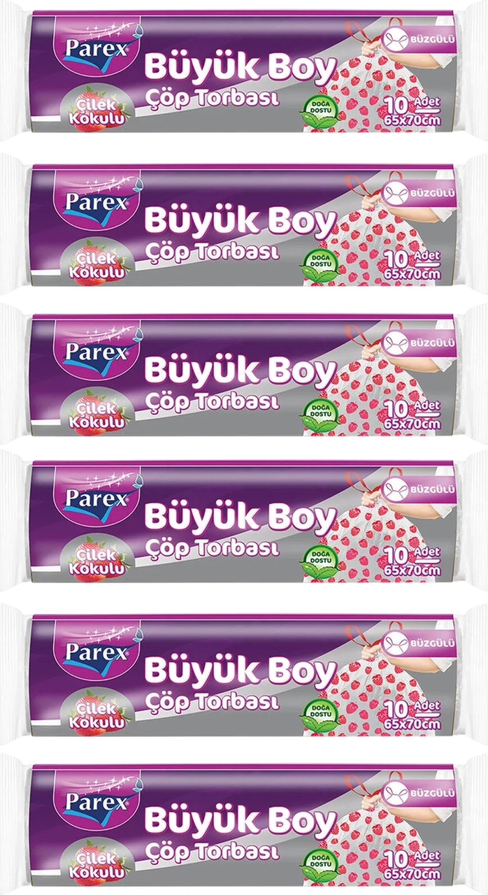 Premium 10'lu Büzgülü Çöp Torbası Çilek Kokulu Büyük Boy 65 X 70 Cm Altılı Paket