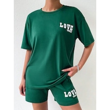 Love Yourself T-shirt Şort - Yeşil Alt Üst Kombin Şort Tişört Takım Baskılı Oversize Bisiklet Yaka Yeşil