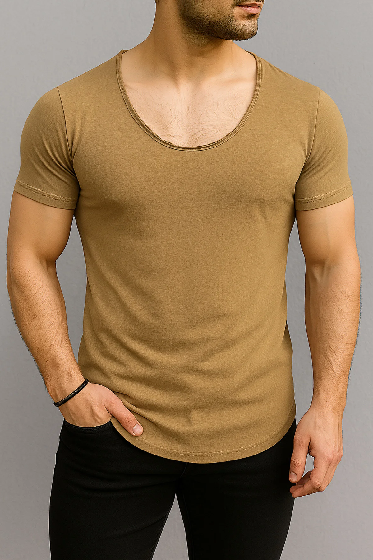 Erkek Camel Oval Etek Geniş Yaka Slim Fit Kısa Kollu Tişört T-shirt Camel