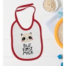 BK Kids But First Milk Tasarımlı Kırmızı Bebek Mama Önlüğü-1 Kırmızı