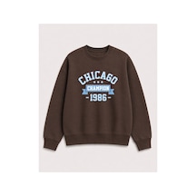 Herkesemoda Chicago Baskı Detaylı Bisiklet Yaka Şardonlu 2 İplik Sweatshirt Kahverengi
