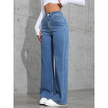 Orta Mavi Palazzo Pantolon Wide Leg Yüksek Bel Denim Jeans Orta Mavi